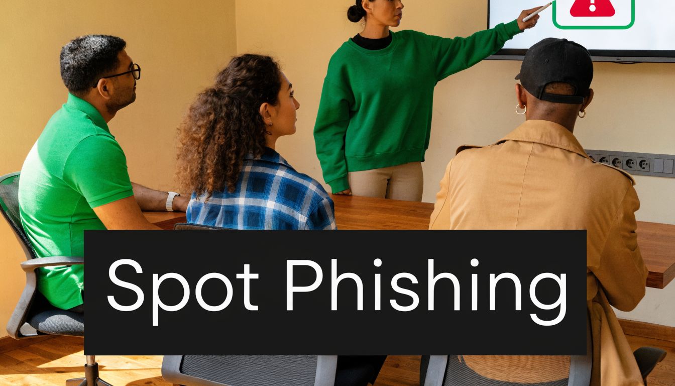 A diverse group of employees participate in a workplace cybersecurity training presentation about identifying phishing attempts.