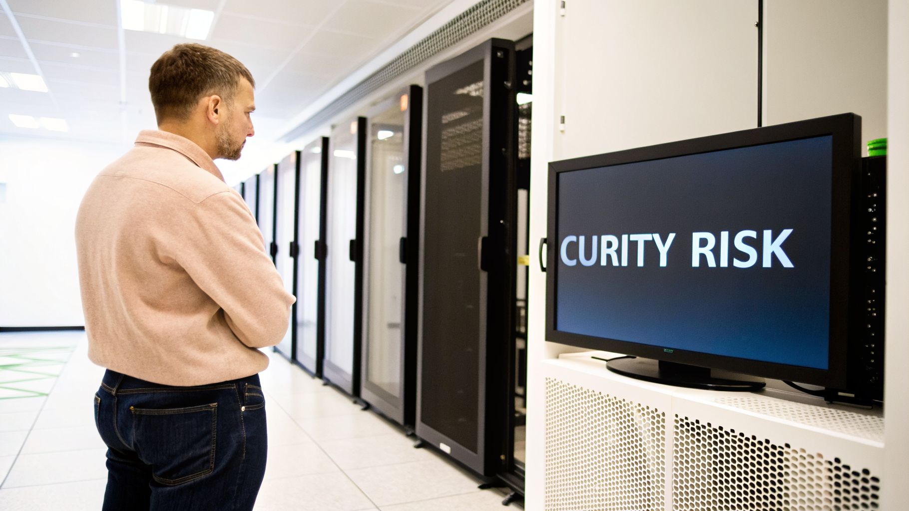 A man in a data center observes server racks, with a monitor displaying "SECURITY RISK".