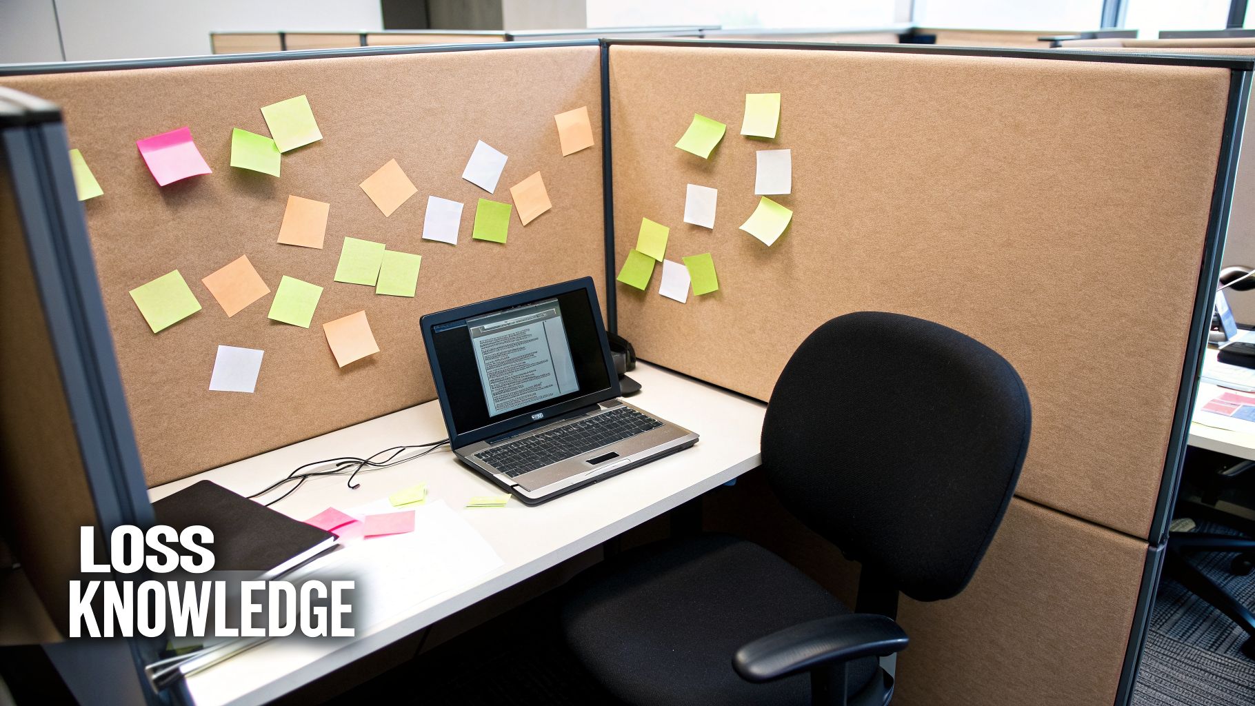 An office cubicle with a laptop, an empty chair, and many colorful sticky notes on the walls.