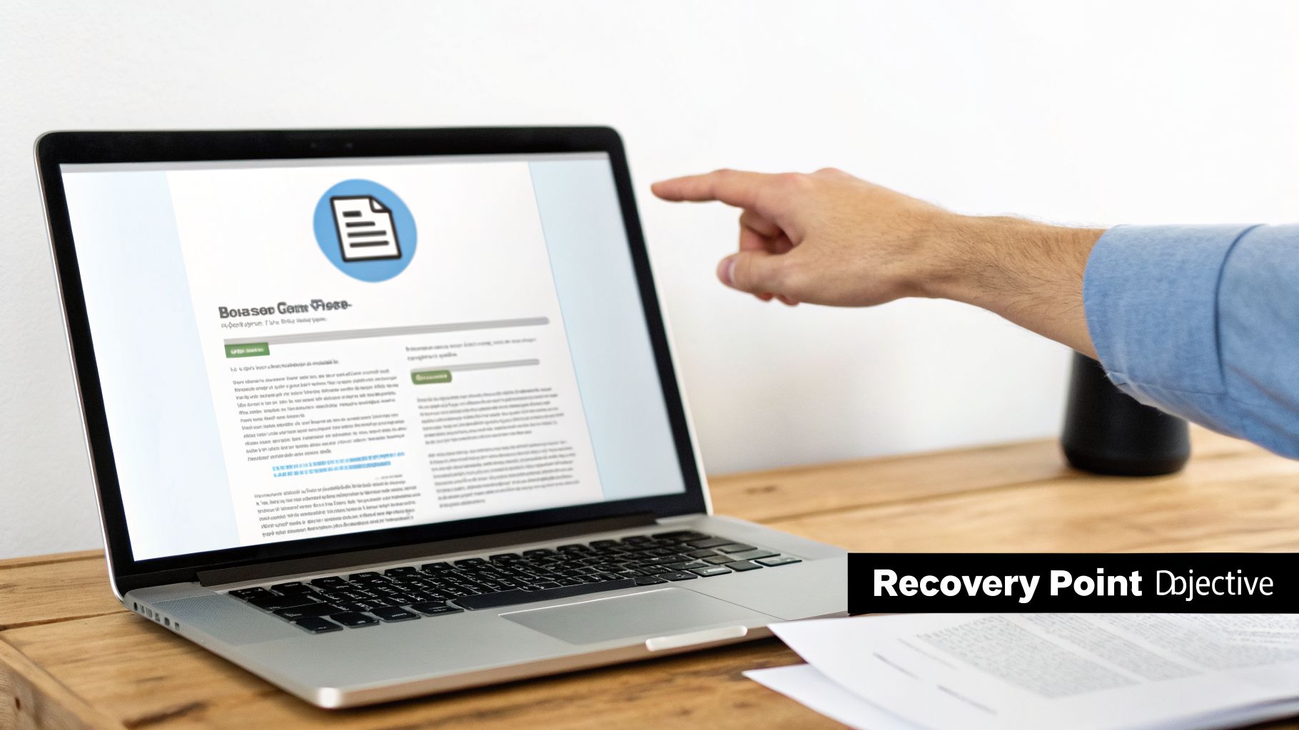 A hand points to a laptop screen displaying a document, highlighting the 'Recovery Point Objective' concept.
