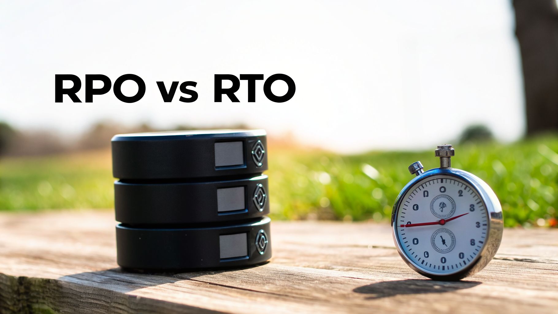 Stacked black data storage devices next to a stopwatch on wood, with 'RPO vs RTO' text.