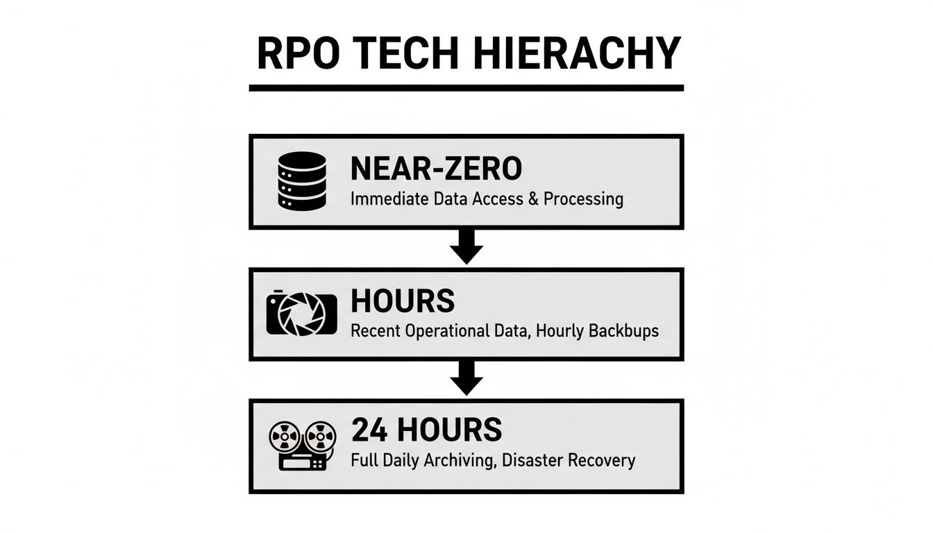 RPO Tech Hierarchy diagram illustrating data recovery time objectives: near-zero, hours, and 24 hours.