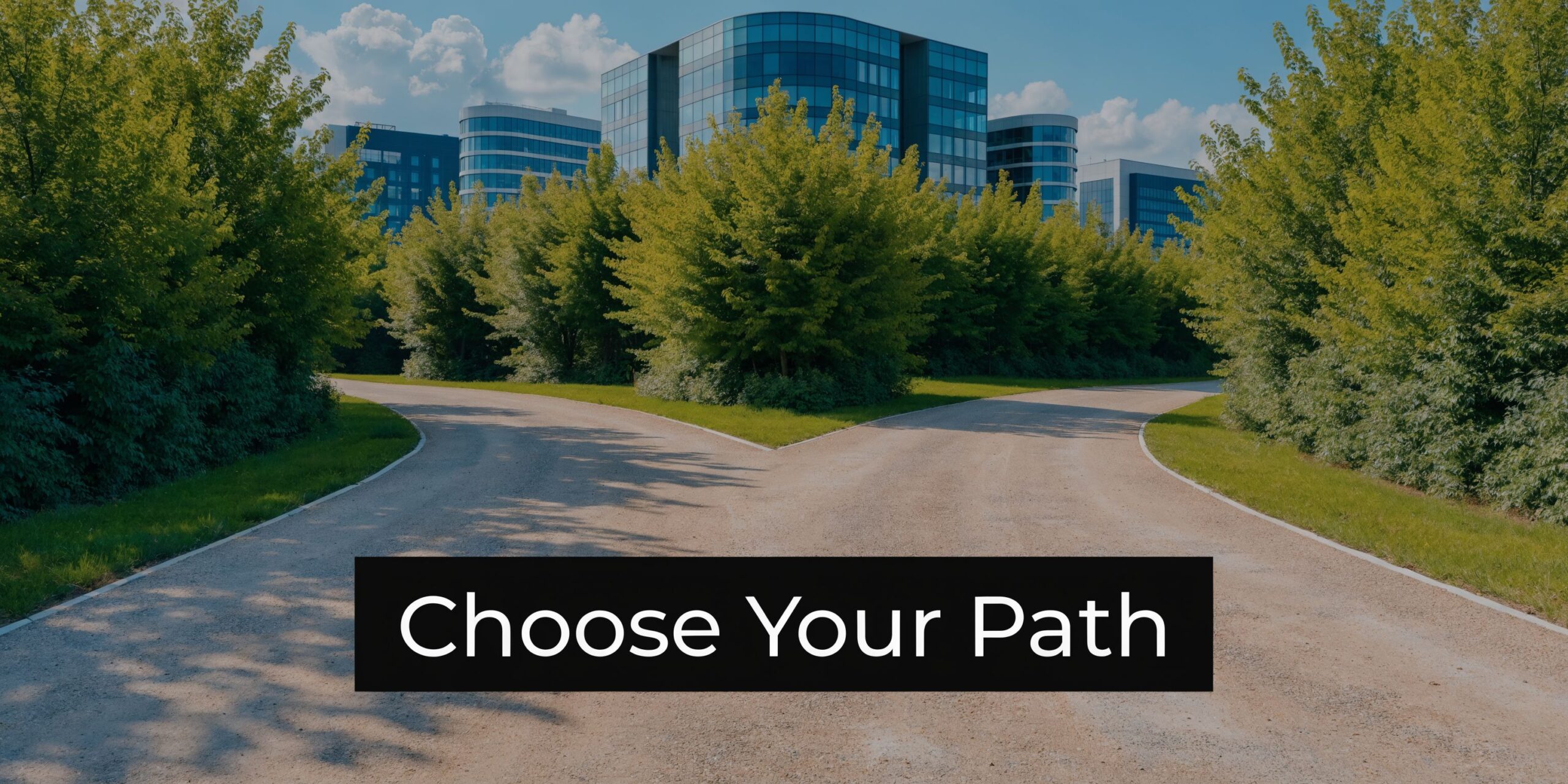 A dirt road splitting into two paths towards a modern business complex, representing a strategic decision point.