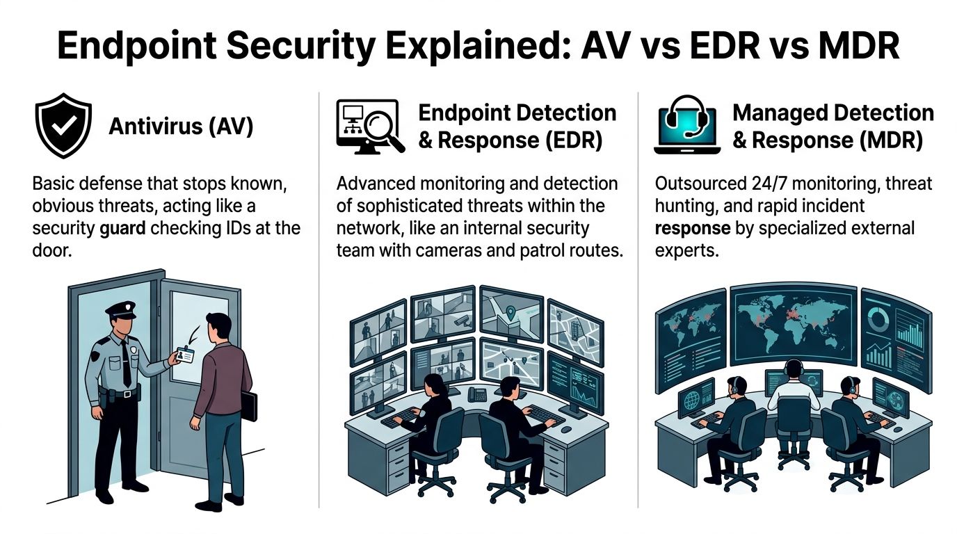 An infographic comparing antivirus, EDR, and MDR security solutions for small business endpoint protection.