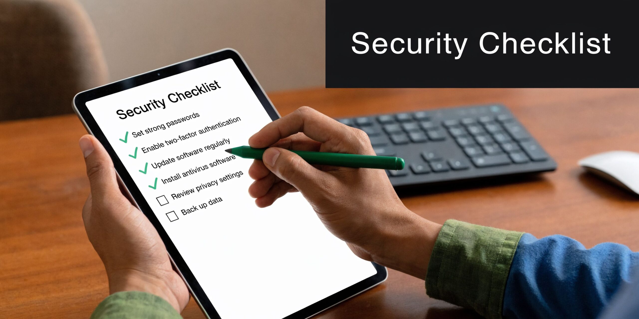 A person checking off security items on a digital tablet with a stylus on a wooden desk.