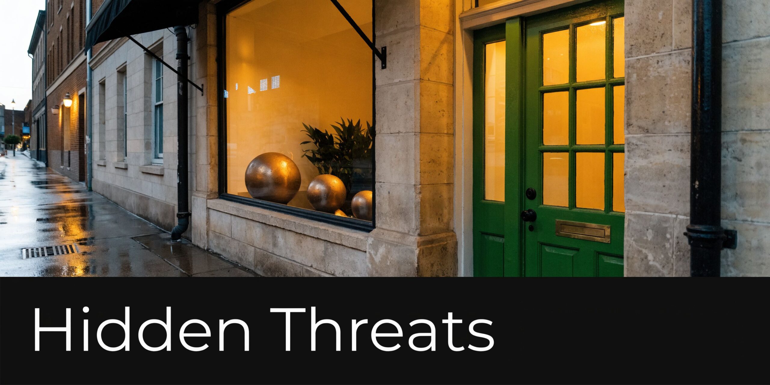 A storefront with a green door and display window on a rainy city street at dusk.