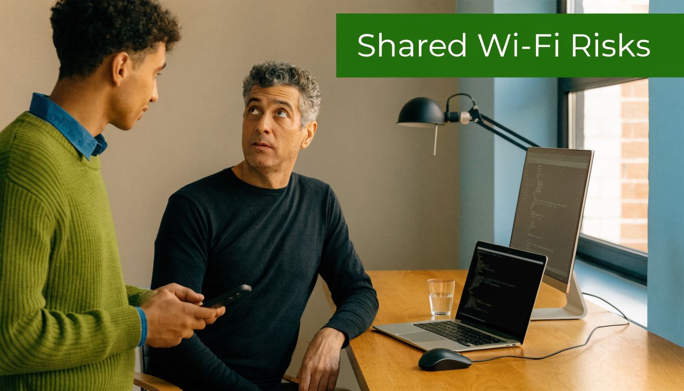 A younger man shows something on his phone to an older man sitting at a workspace.