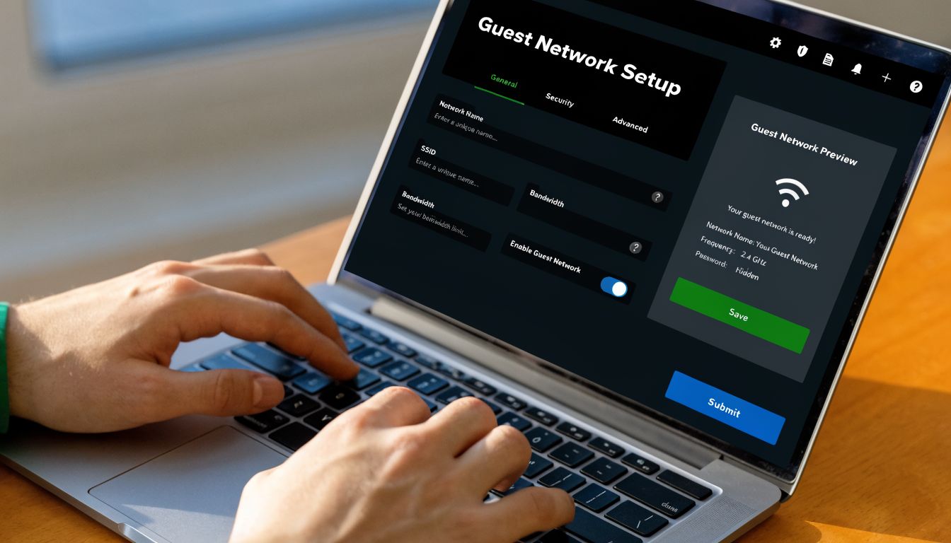 A person using a laptop to configure guest Wi-Fi network settings on a digital dashboard interface.
