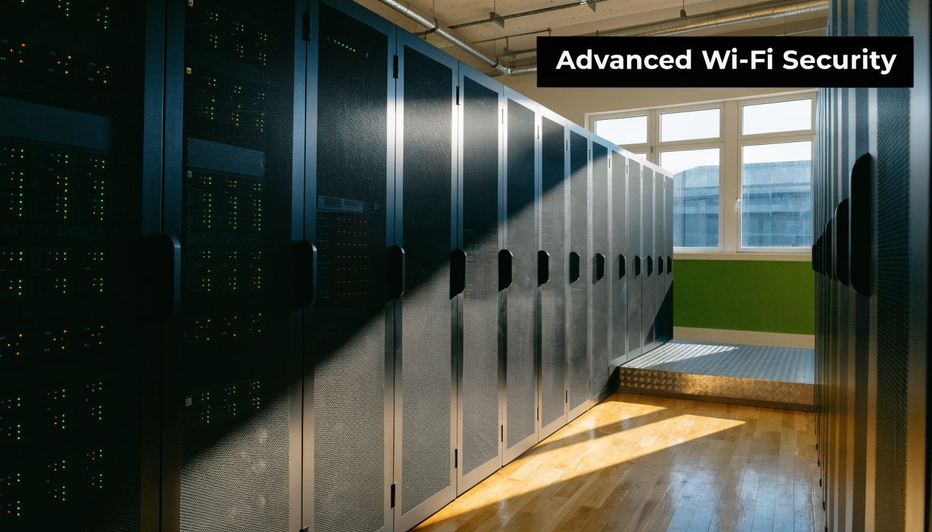 Server room with rows of black server cabinets on a wooden floor near a bright window.