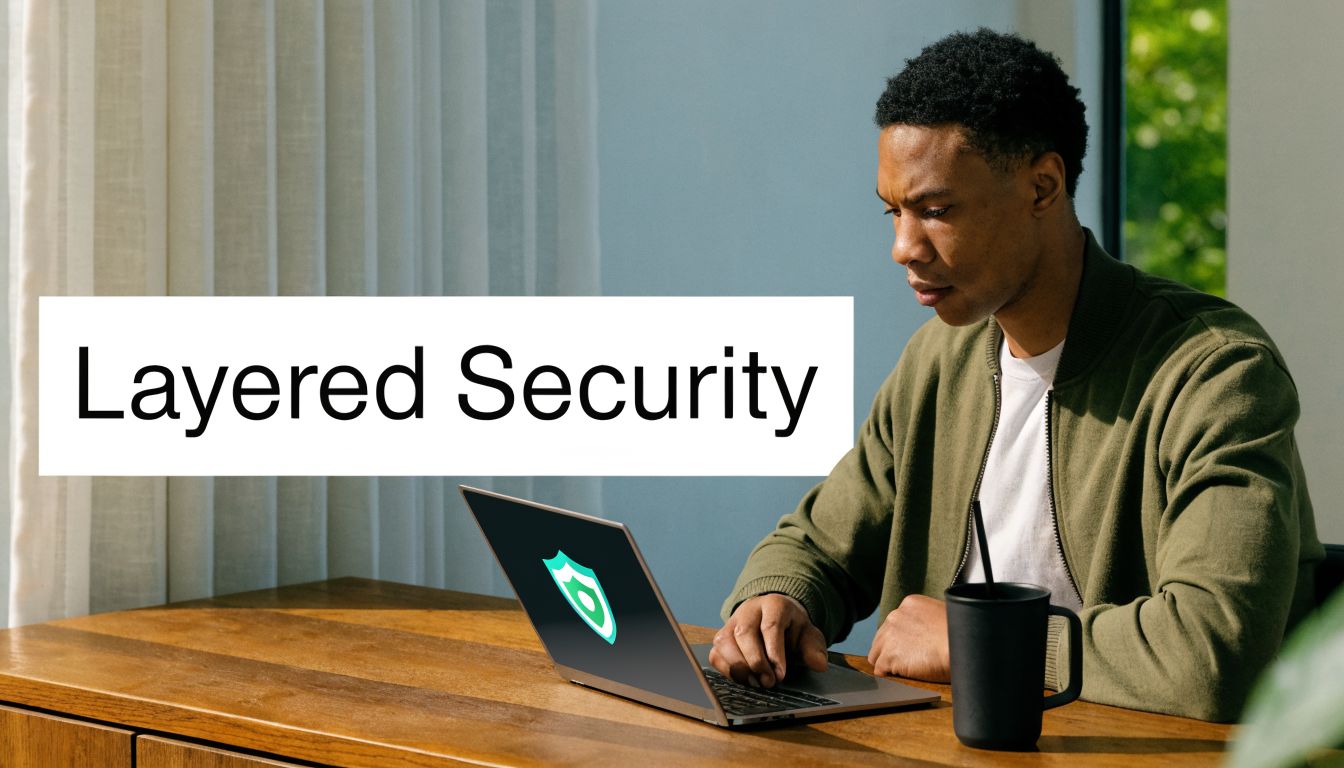 A young man sitting at a wooden desk working on a laptop with a security shield icon.