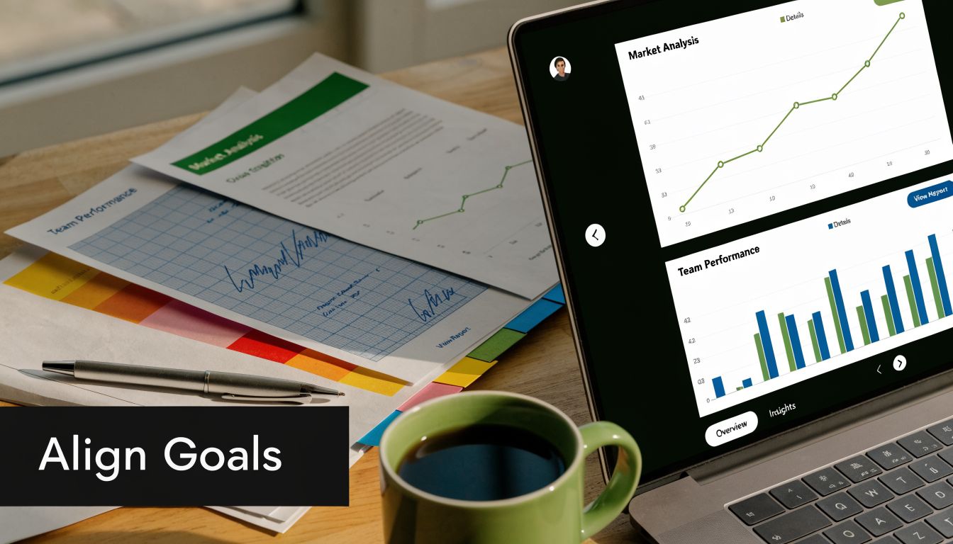 A professional workspace with a laptop displaying business performance charts next to printed documents and coffee.