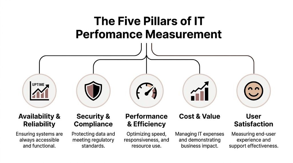 A diagram illustrating the five pillars of IT performance measurement: availability, security, performance, cost, and user satisfaction.