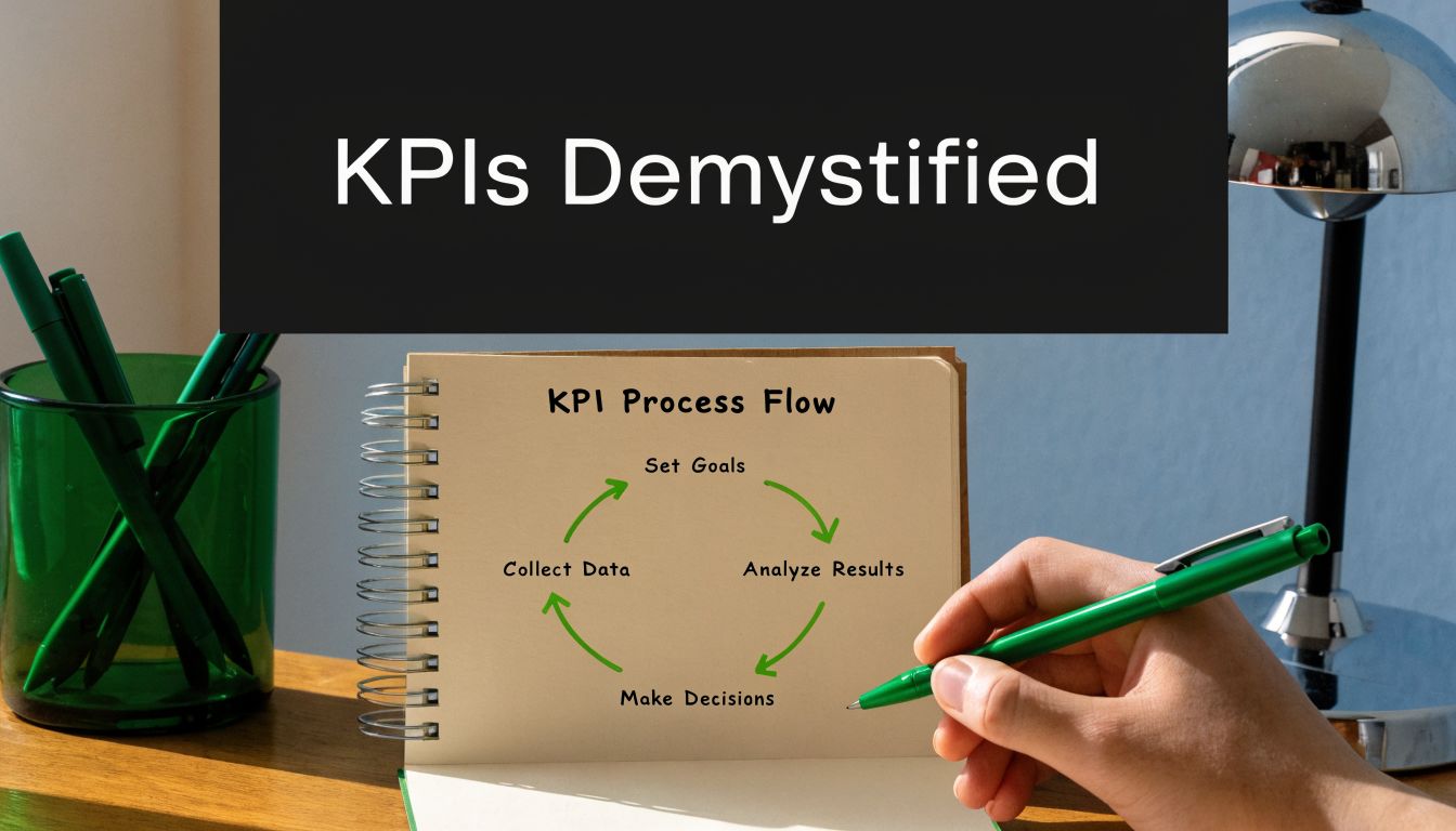 A hand holding a green pen over a notebook displaying a circular business KPI process flow diagram.