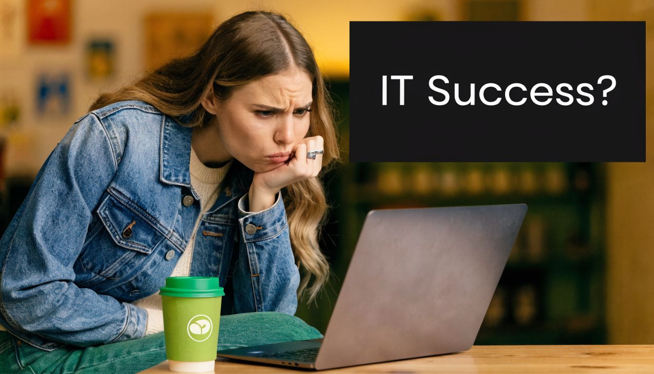 A concerned woman sitting at a laptop looking frustrated while contemplating information technology key performance indicators.