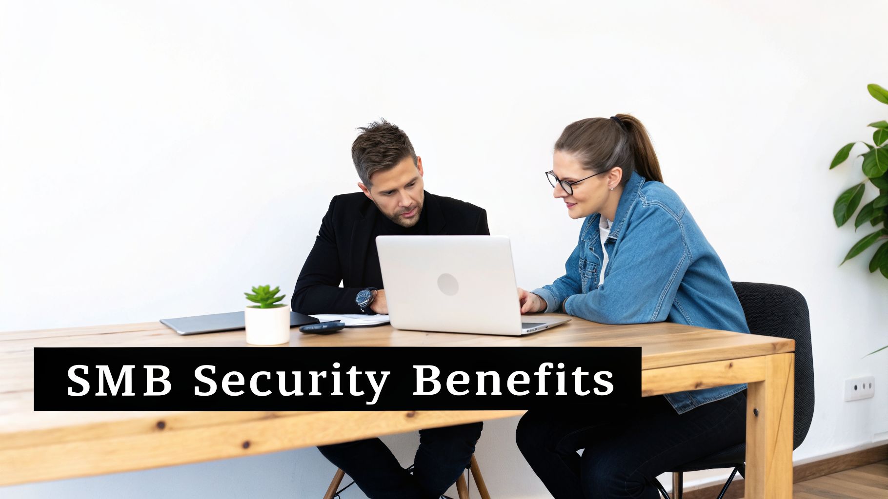 Two business professionals, a man and a woman, collaborate on a laptop at a wooden desk, discussing SMB security benefits.