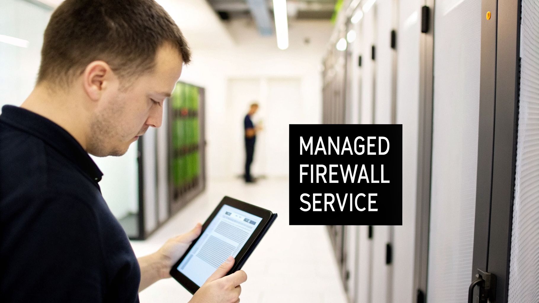 A technician works with a tablet in a modern data center, highlighting managed firewall service.