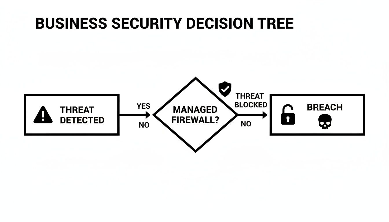 A business security decision tree flowchart showing threat detection, a managed firewall decision, and outcomes of threat blocked or breach.
