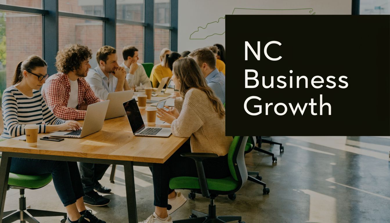 A group of diverse professionals collaborating on laptops around a large wooden table in an office.