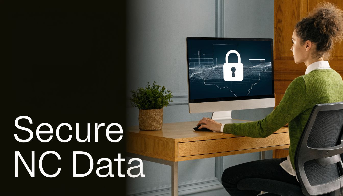 A professional woman working at a computer desk with a secure digital lock icon on screen.