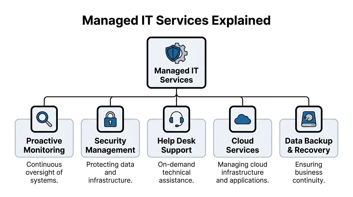 An infographic titled Managed IT Services Explained, highlighting five key components including monitoring, security, support, cloud, and backup.