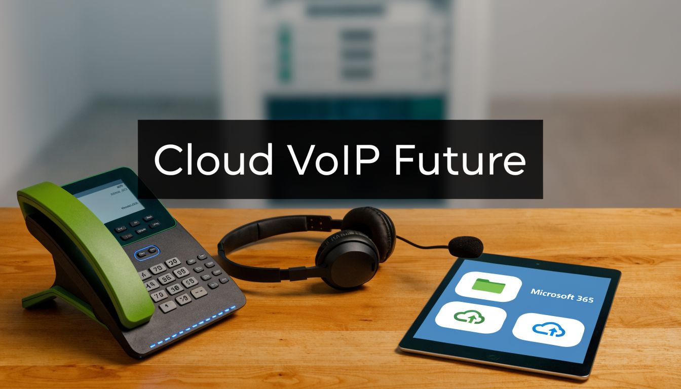 A VoIP office phone, headphones, and a tablet displaying Microsoft 365 icons on a wooden desk.