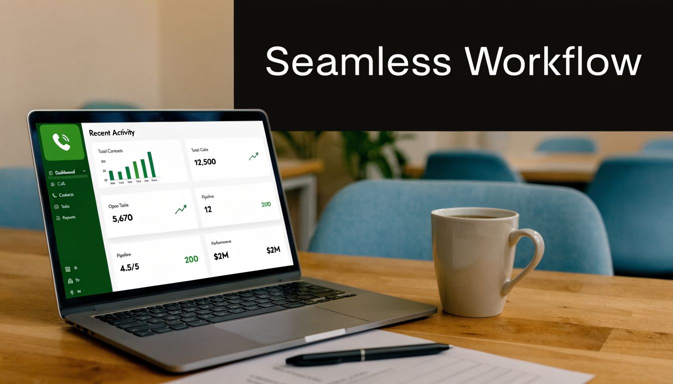 A modern laptop displaying business activity dashboard data on a clean desk with a coffee mug.
