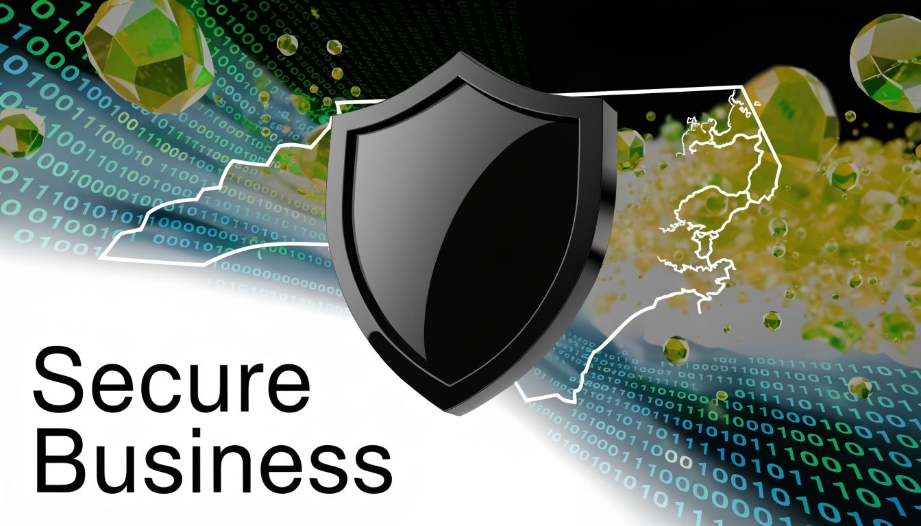 A black shield icon superimposed over a map of North Carolina with binary code and digital assets.