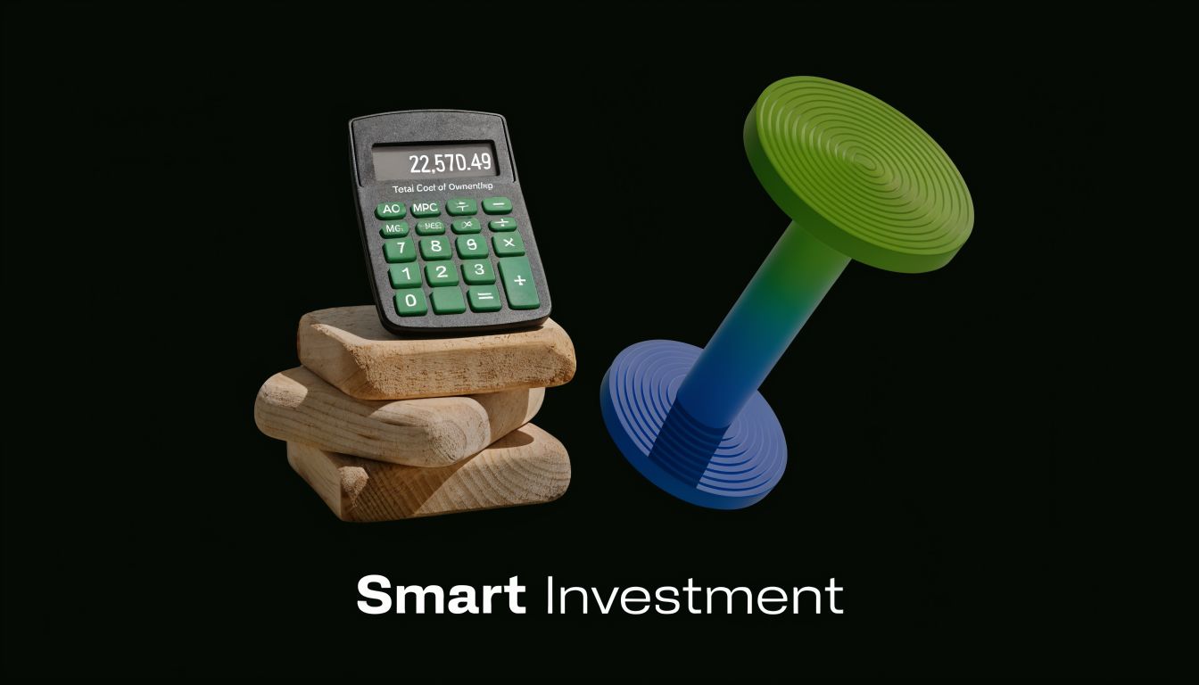 A digital calculator sitting on wooden blocks next to a 3D abstract object against black background.