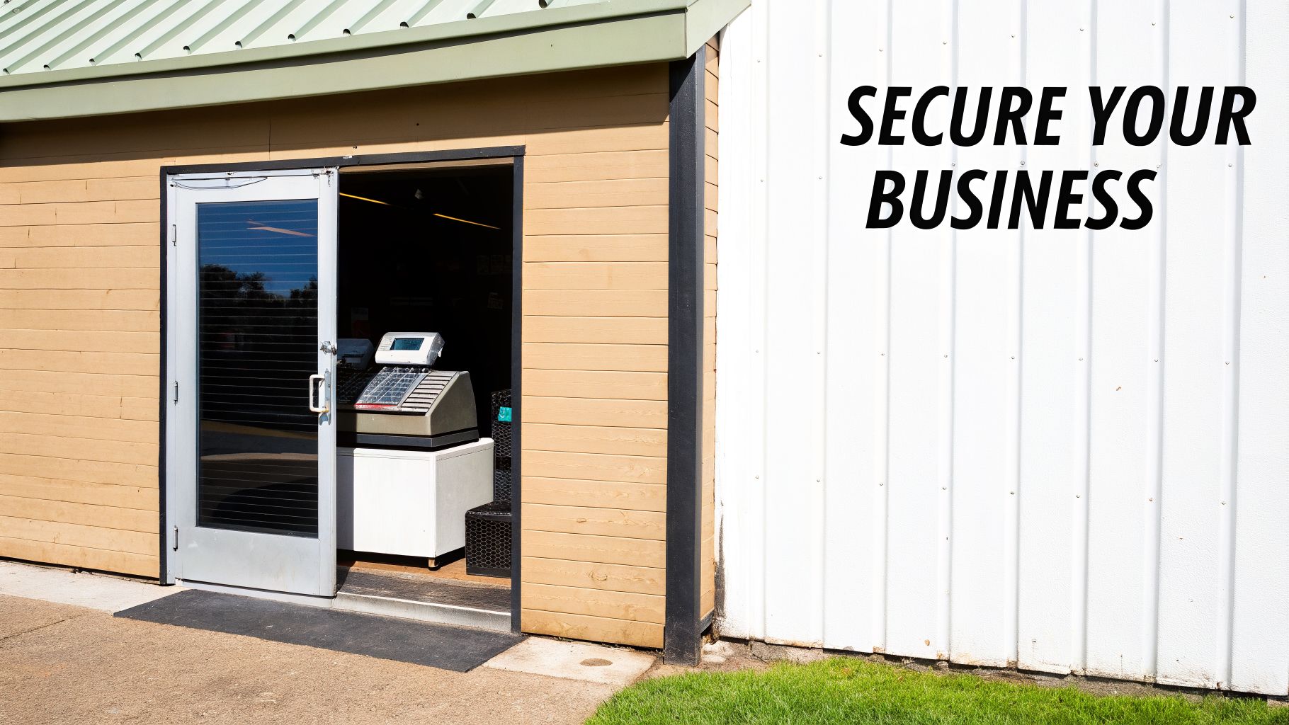 An open door of a small business building with a cash register visible inside. Text reads 'SECURE YOUR BUSINESS'.