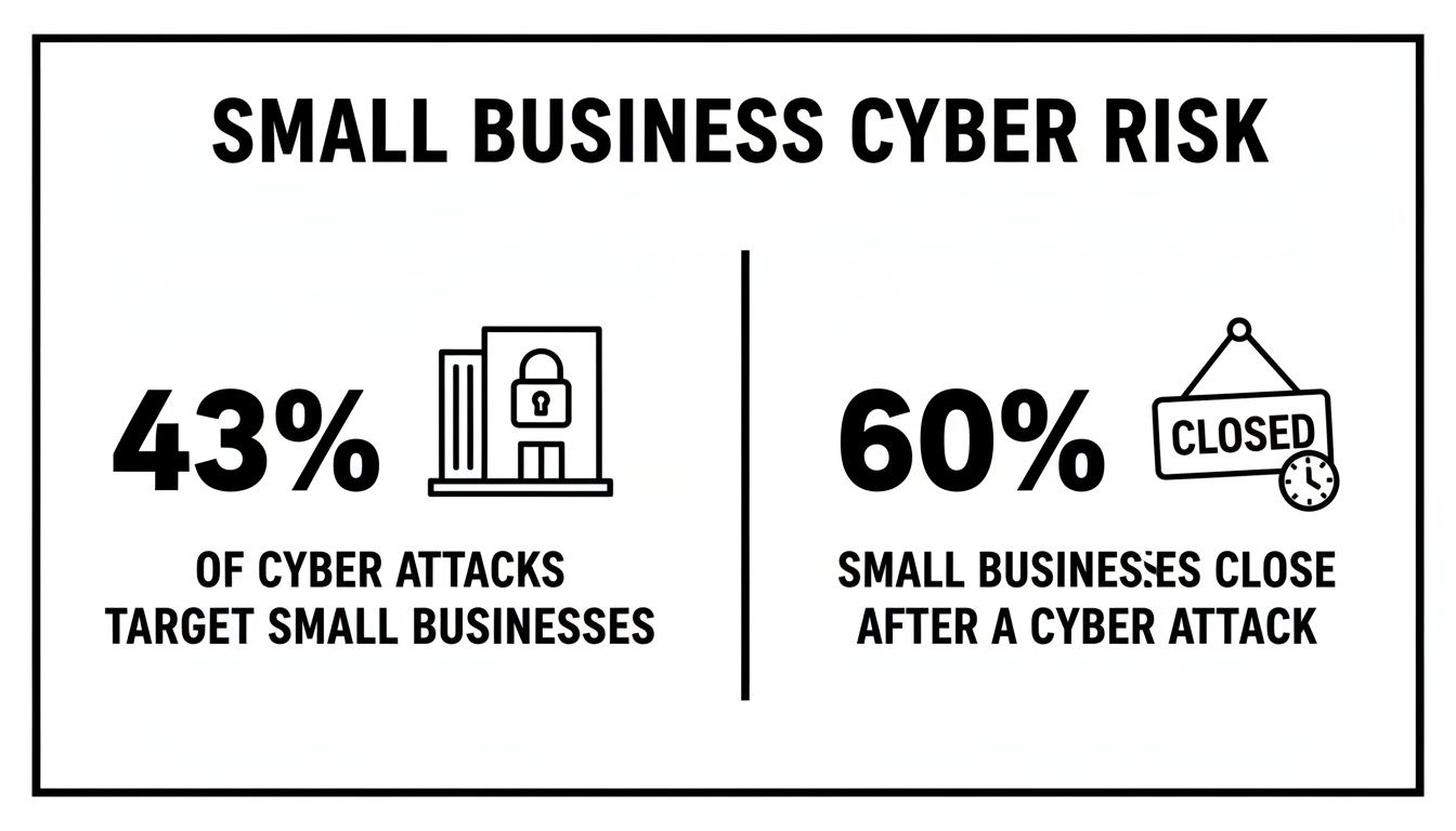 Infographic showing 43% of cyber attacks target small businesses, with 60% closing after an attack.
