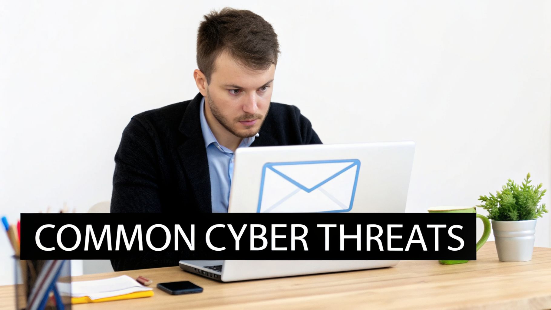 A man looks intently at a laptop displaying an email icon, with 'COMMON CYBER THREATS' text.