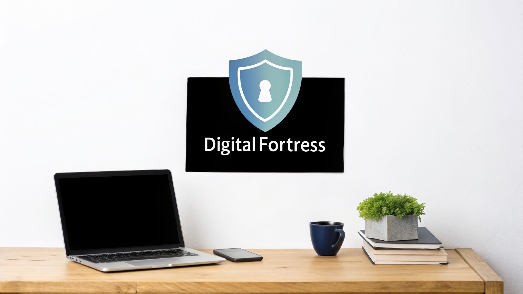 A minimalist office desk with a laptop, smartphone, coffee, and plant, under a "Digital Fortress" shield sign.