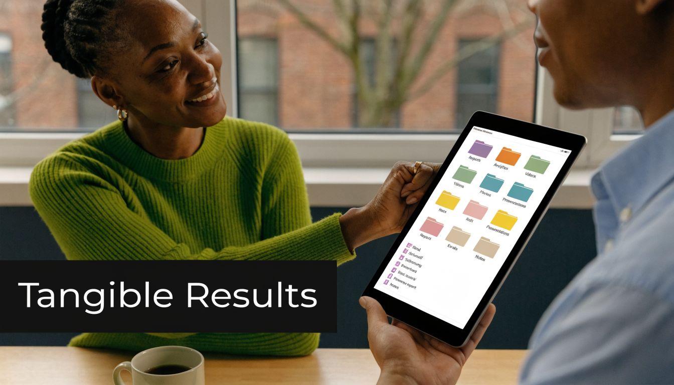 A professional woman showing a digital tablet with organized project folders to her colleague during work.