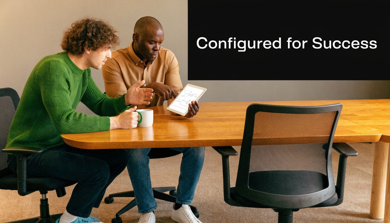 Two professional colleagues collaborate on a digital floor plan project during a meeting at an office table.