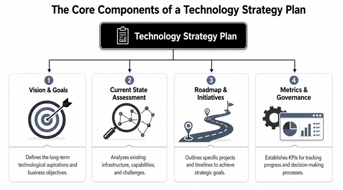 A diagram illustrating the four core components of a technology strategy plan including vision, assessment, roadmap, and governance.