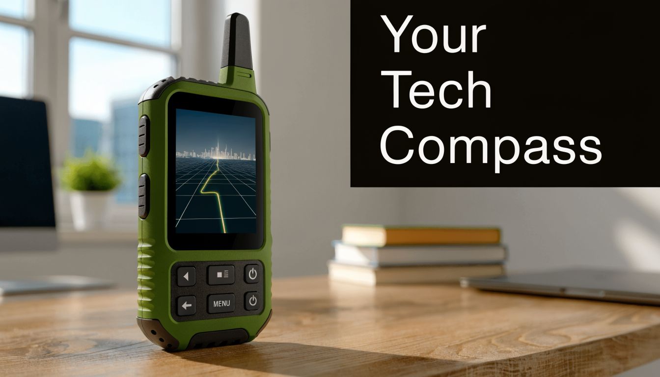 A handheld green rugged GPS device sits on a wooden desk with a digital map display.