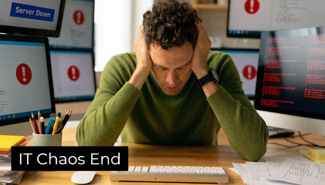 A stressed IT professional sitting at a desk surrounded by computer monitors displaying critical system error alerts.