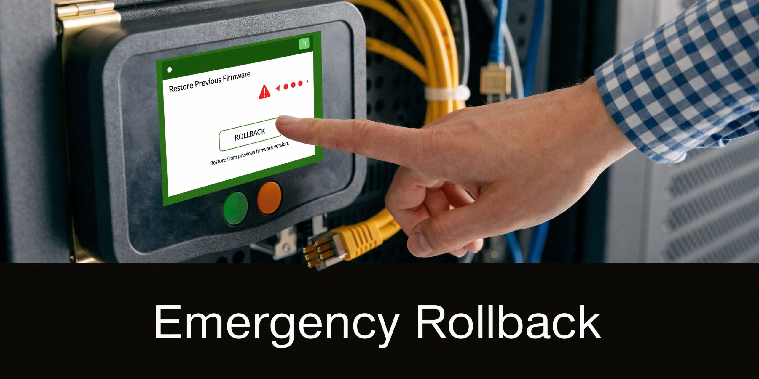 A technician pressing the rollback button on a network device screen to restore previous firmware.