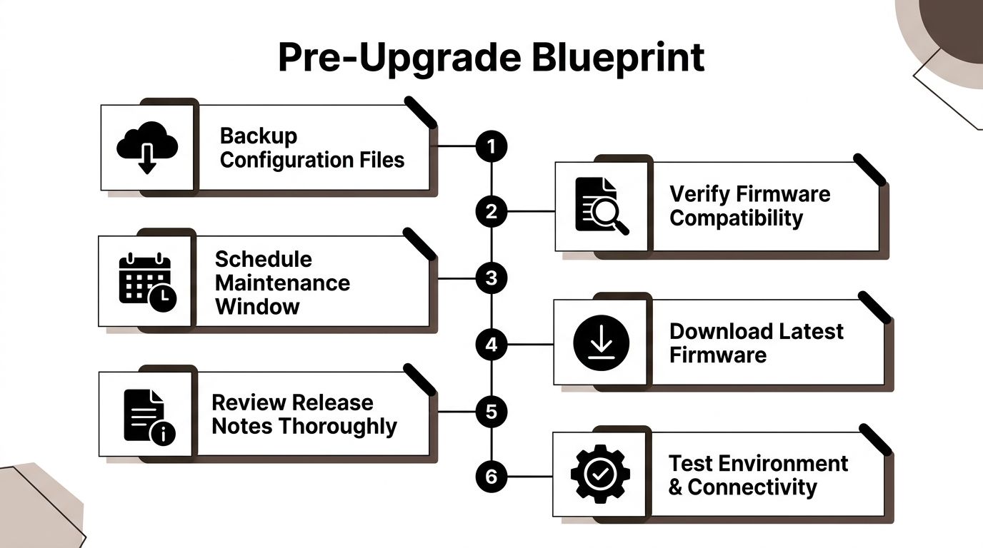 A flowchart titled Pre-Upgrade Blueprint detailing six essential steps for preparing to perform a firmware upgrade.