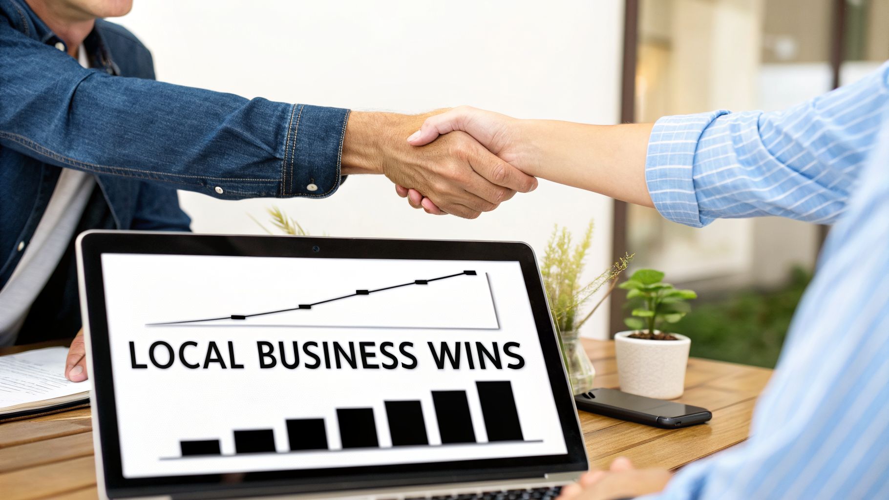 Business partners shaking hands over a laptop displaying a graph of local business wins.