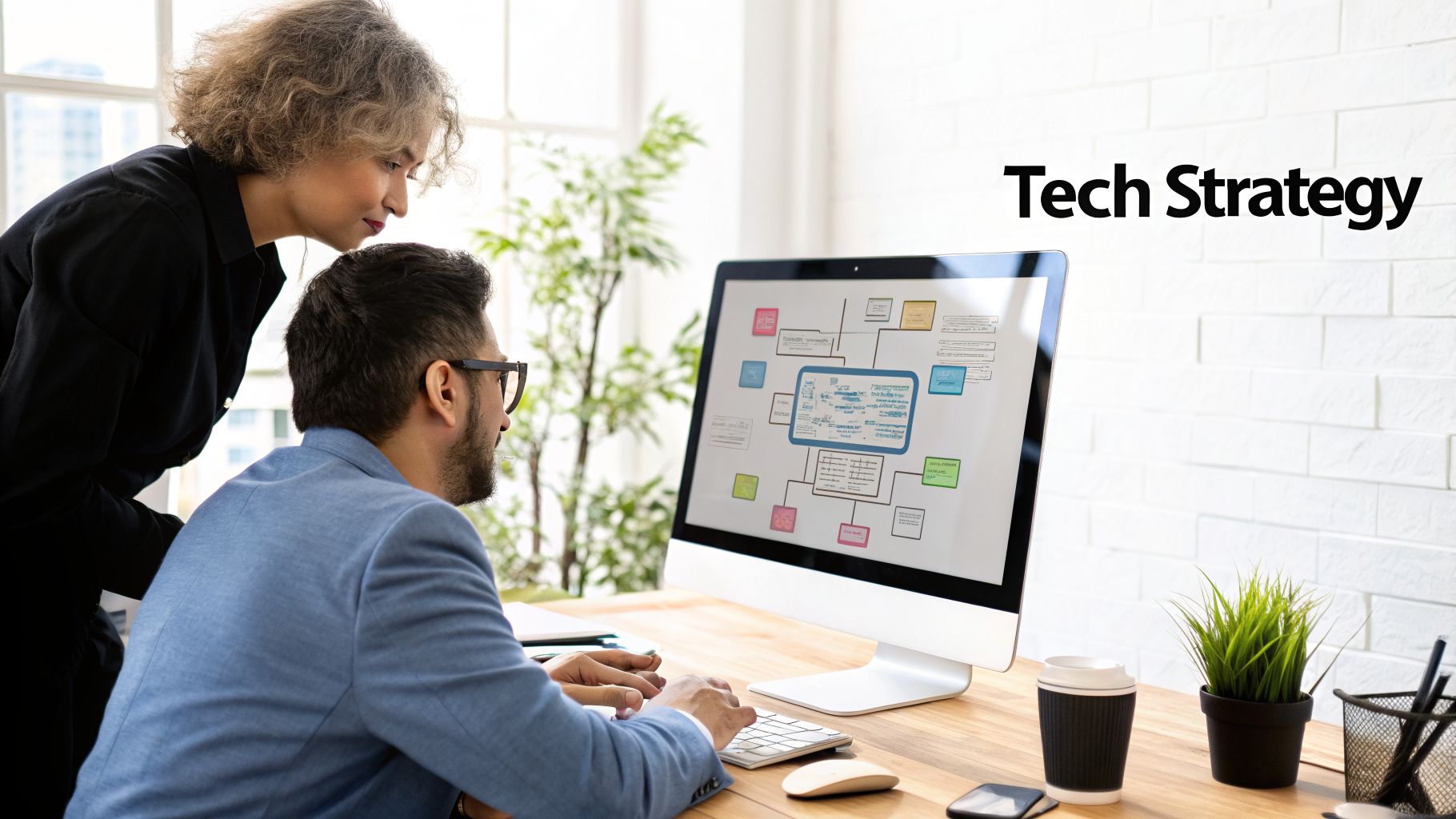 Two professionals collaborate on a tech strategy diagram displayed on a desktop computer screen.