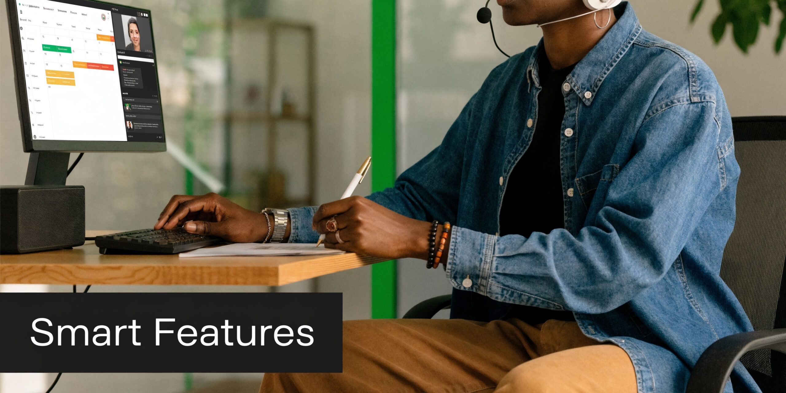 A professional customer service representative working on a computer while wearing a headset in a modern office.