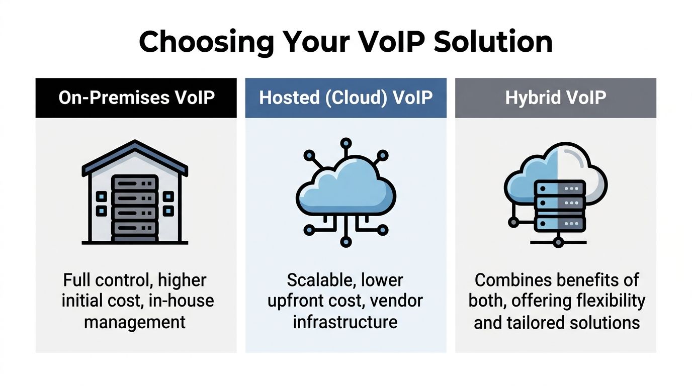A comparison chart showing the three main types of VoIP phone systems for small business organizations.