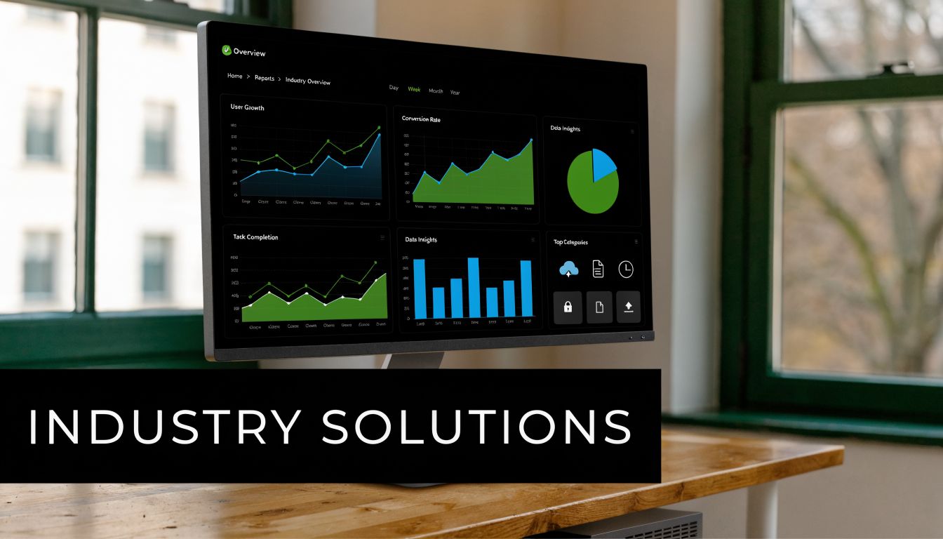 A computer monitor showing a business data analytics dashboard placed on a rustic wooden desk.