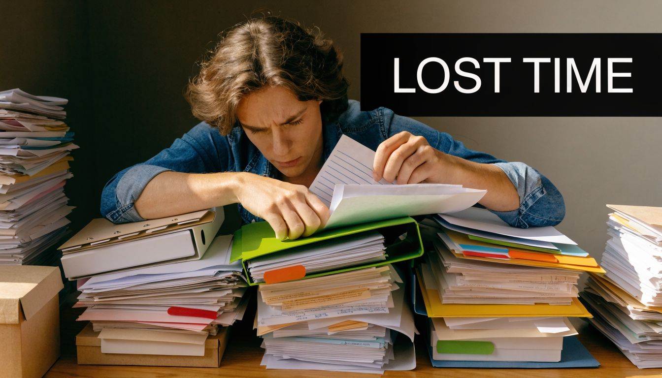 A person overwhelmed by a large pile of documents and paper files at a desk.