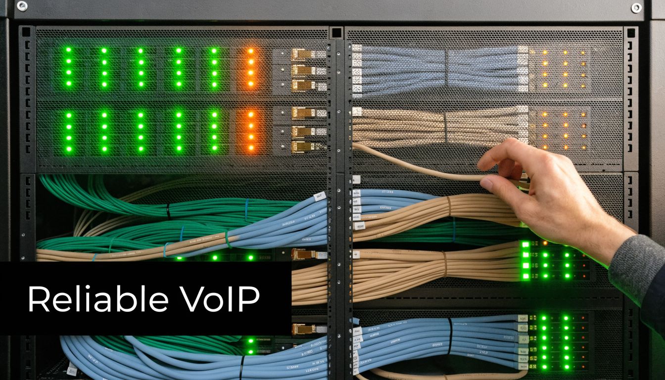 A technician manages network cabling and servers in a rack, illustrating reliable VoIP communication infrastructure.