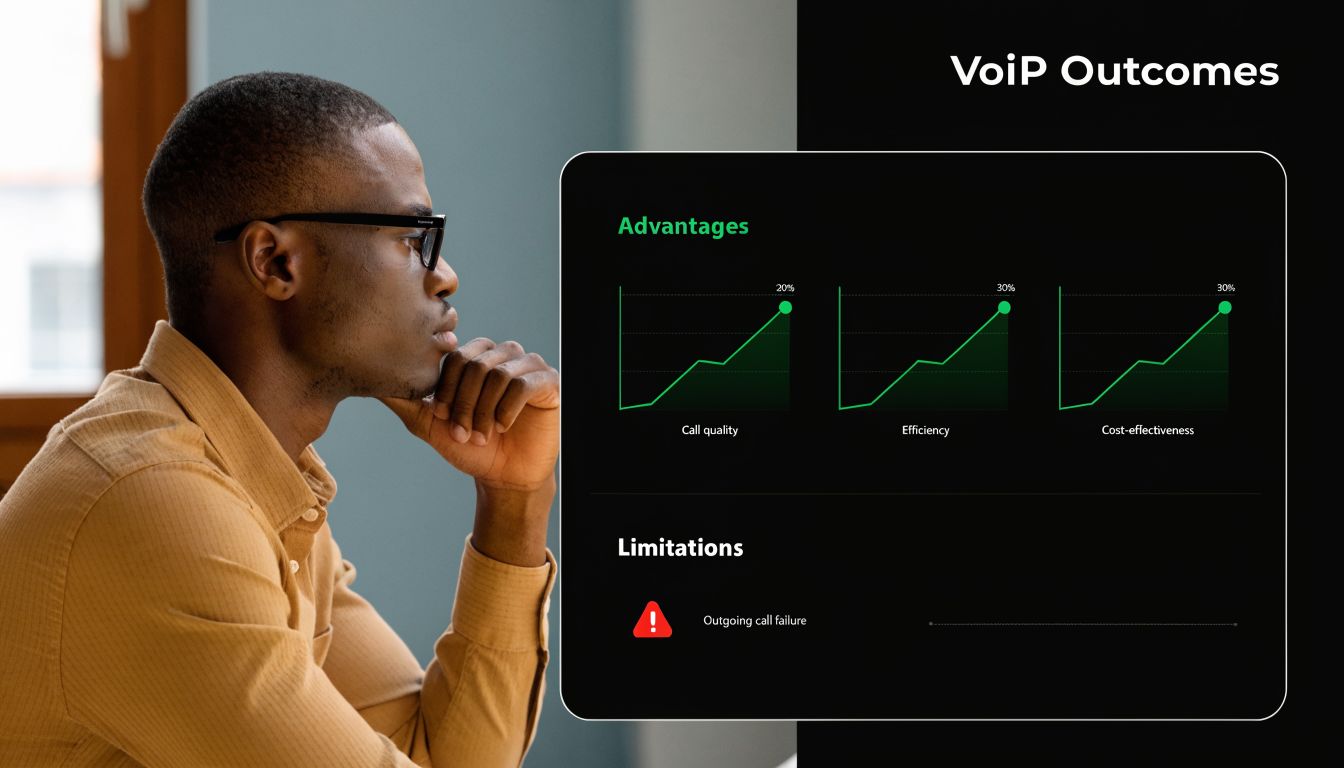 A person looking at a chart displaying the advantages and limitations of VoIP technology outcomes.
