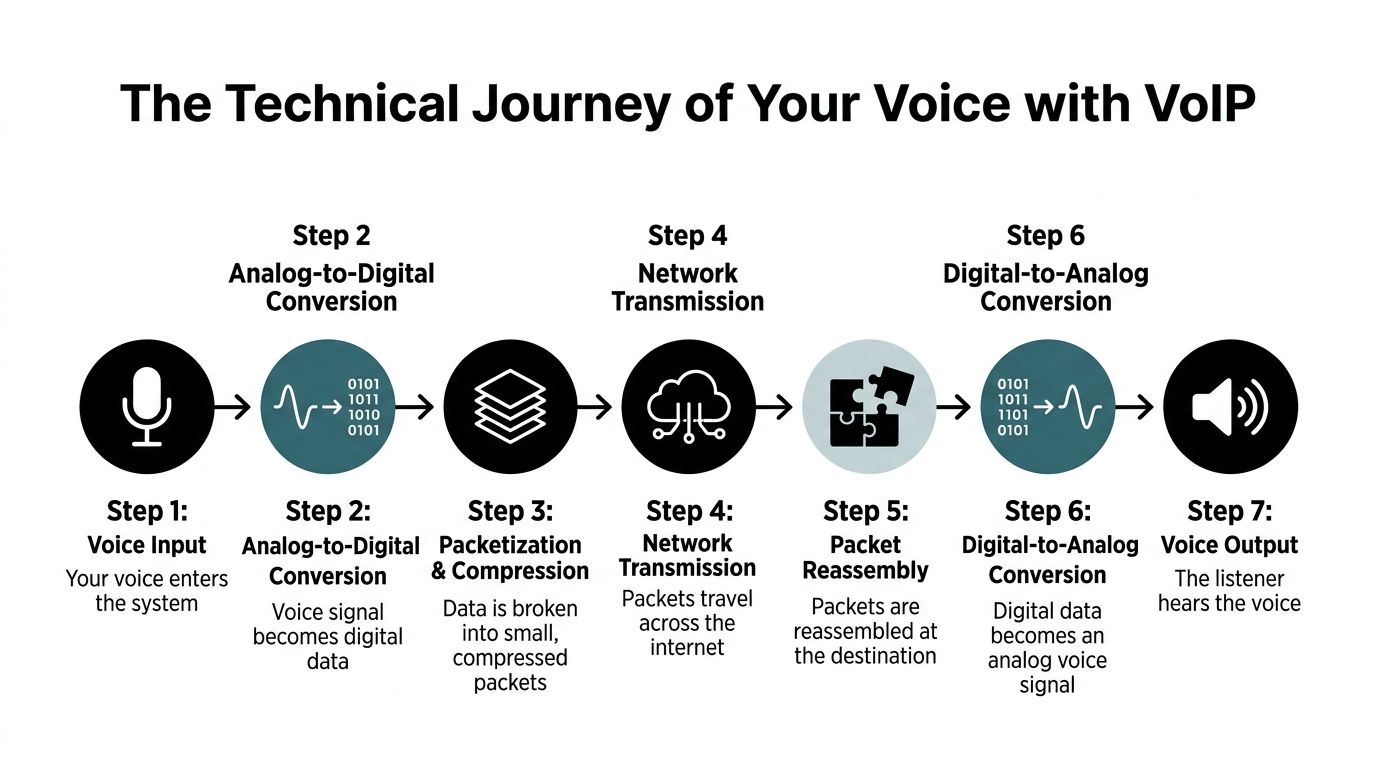 A diagram illustrating the seven-step technical process of voice transmission over VoIP technology, from input to output.