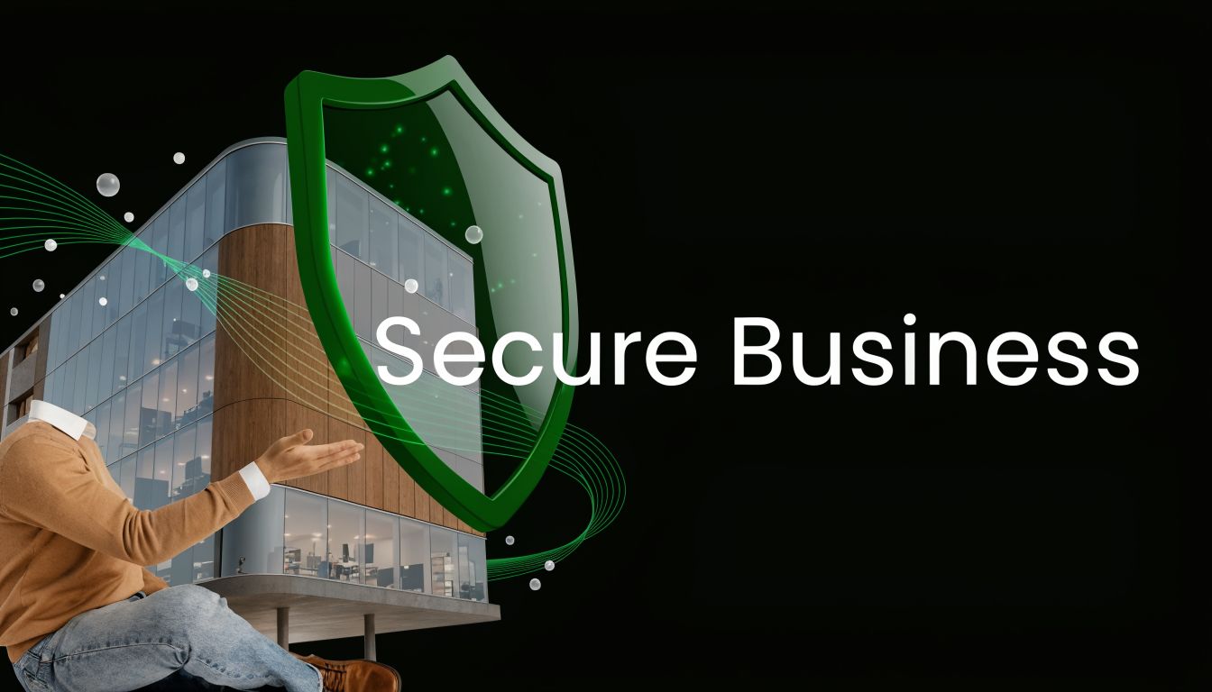 A person in a business casual outfit gesturing toward a modern building protected by a digital shield.