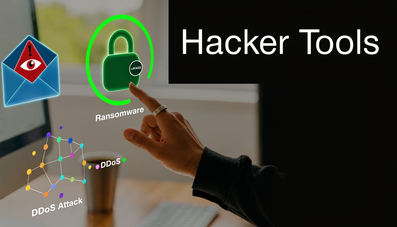 A digital graphic depicting cybersecurity threats like ransomware and DDoS attacks with a person's hand reaching out.